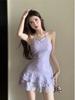 French Sweet Spice Girl Lace Splicing Neck Closed Waist Skinny Women's Summer A-Word Backless Suspender Pleated Dress