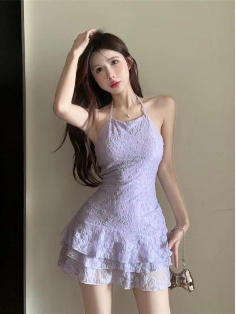 French Sweet Spice Girl Lace Splicing Neck Closed Waist Skinny Women's Summer A-Word Backless Suspender Pleated Dress