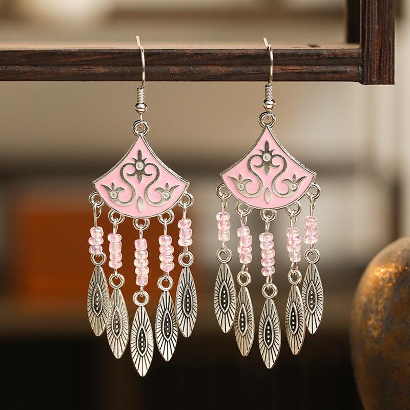 Classical Ethnic Drop Glaze Geometric Earrings for Women Vintage Texture Beaded Dangle Earring Daily Vacation Jewelry