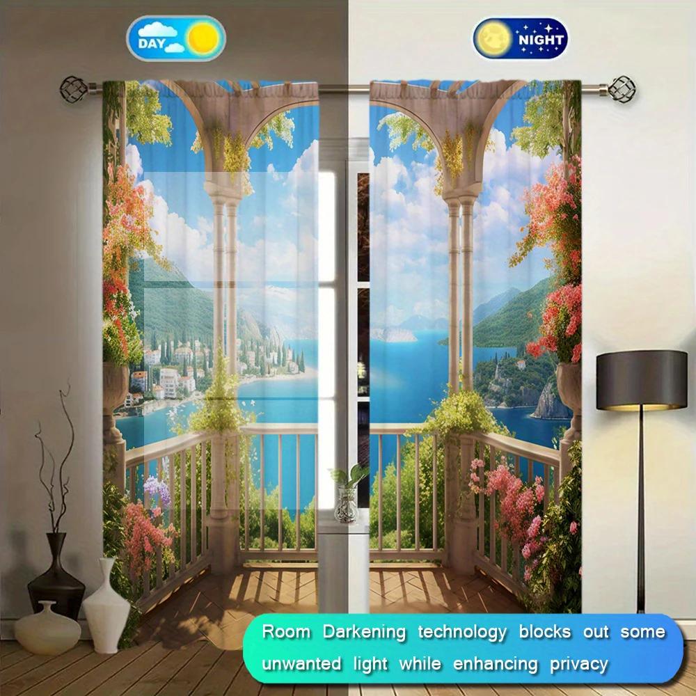 2pcs Balcony Landscape Style Printed Curtain for Home Decor - Rod Pocket Window Treatment for Bedroom,Office,Kitchen,Living Room