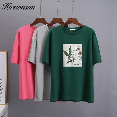 Hirsionsan Abstraktes Einfaches Bedrucktes T-Shirt Damen Übergroß Harajuku Baumwolle Grafik-Tee Sommer Kurzarm Damenoberteile