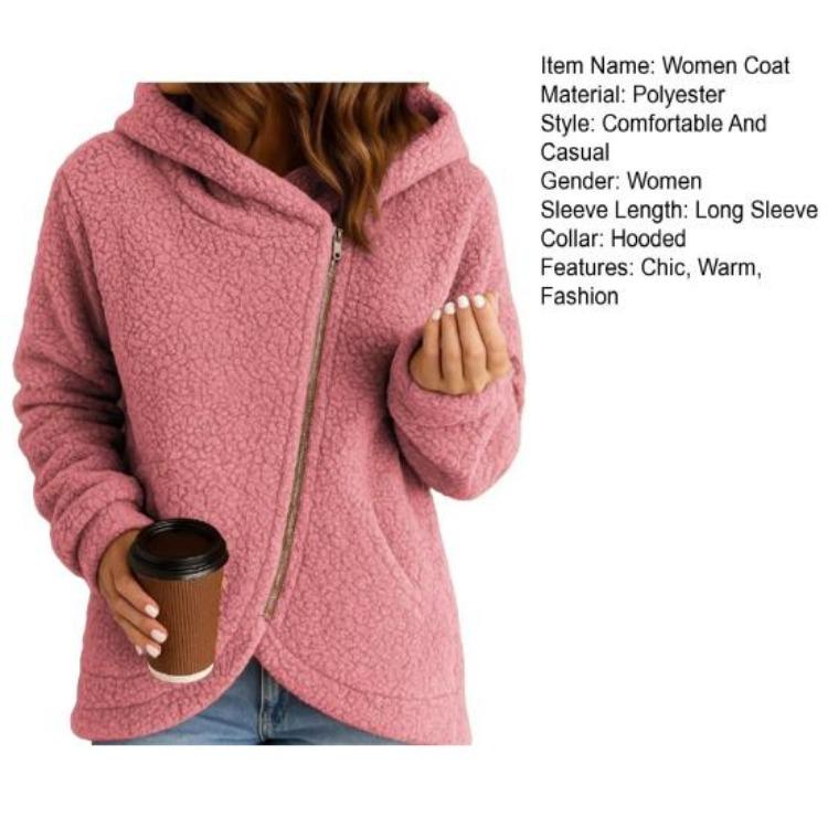 Fuzzy Hooded Sherpa Coat Womens Fleece Jacket Long Sleeve Oblique Zip Up Fall Winter Outerwear With Pockets