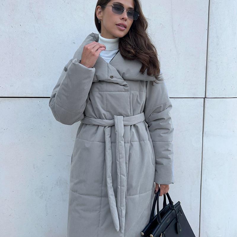 Dámské podzimní zimní nadměrné teplé bundy s páskem Módní bundy Volné Jednobarevné Ležérní kabáty Bunda vycpaná bavlnou