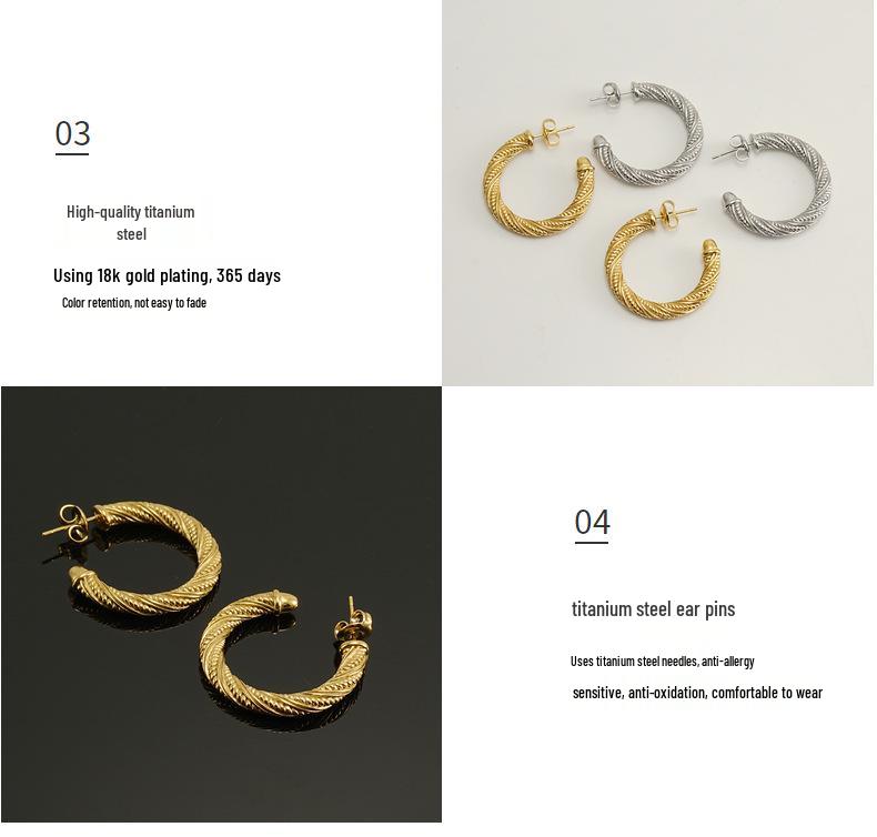 18K Gold-Toned Titanium Steel Round Hoop Earrings - Women's European & American Geometric Design