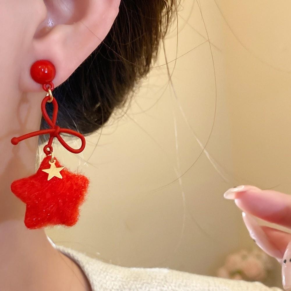 Pearl Winter Bow Star Earrings Plush Pendant Y2K Drop Earrings Plush Star Earrings  Girls Gift