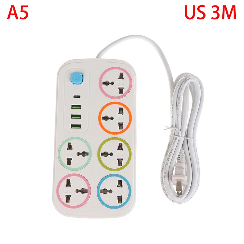 Eu Us Plug 2/3Pin Power Strip 1 Typec 3 Usb Port 6 Way Ac Outlet 2/3/5M Extension Power Socket Charge Electrical Socket