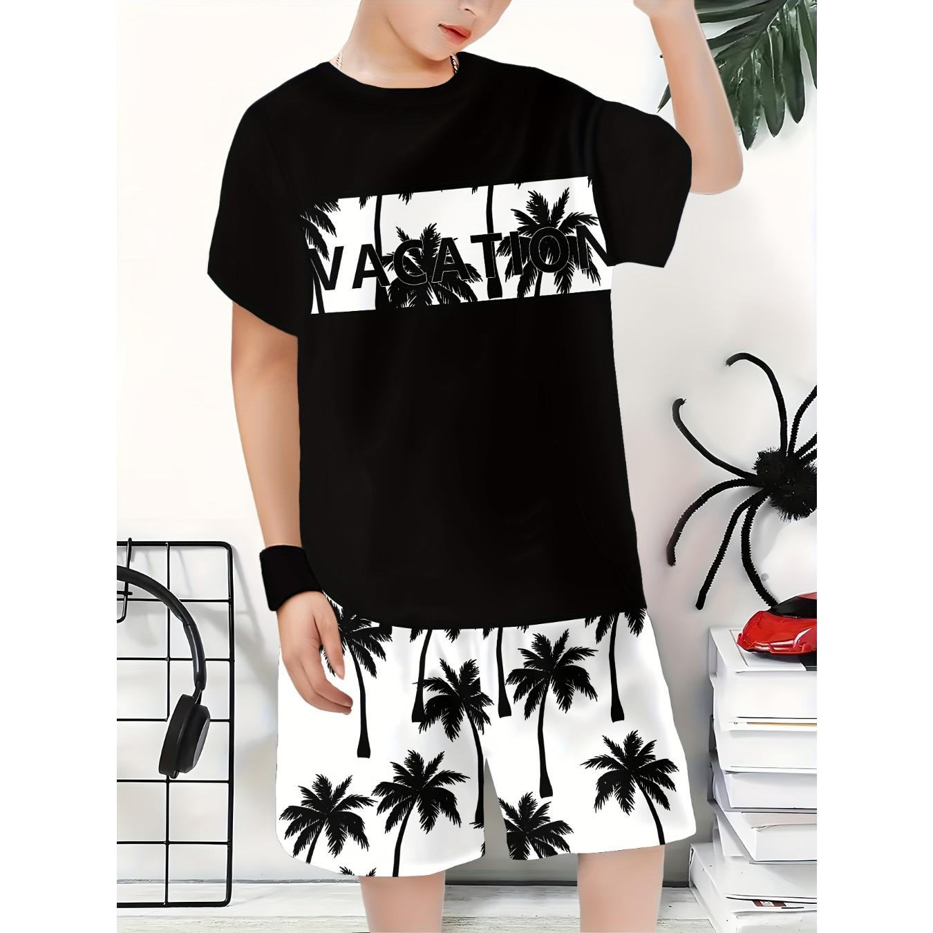 Summer 2026 new children s casual short-sleeved set, coconut tree sailboat printed round-neck 5-6Y