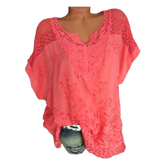 Kadın V Yaka Kısa Batwing Kollu Bluz Çiçek Nakış Tişört Oymak