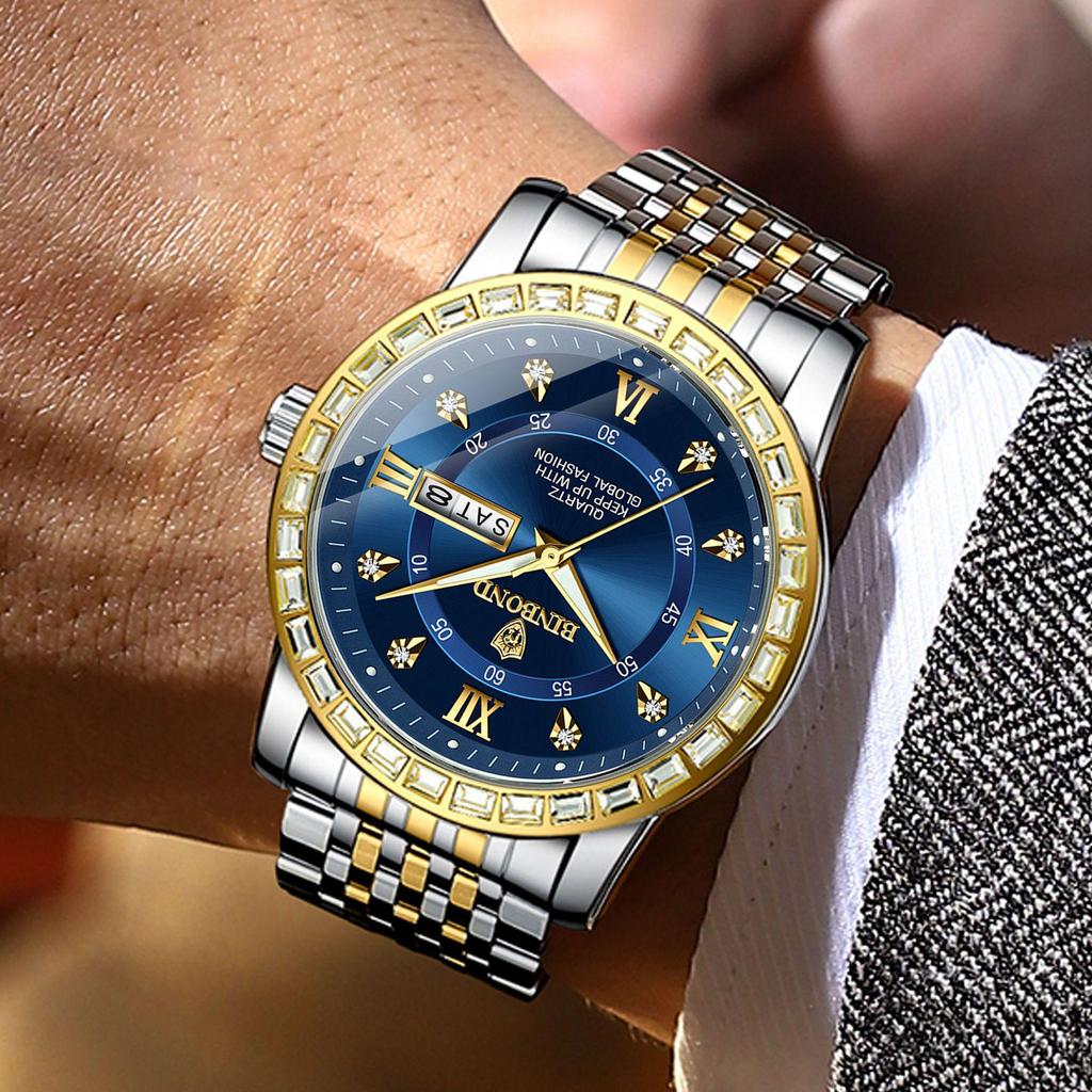 Men's Genuine Diamond-Inlaid Mechanical Watch – Trendy, Waterproof, Double Calendar, Luminous Quartz.