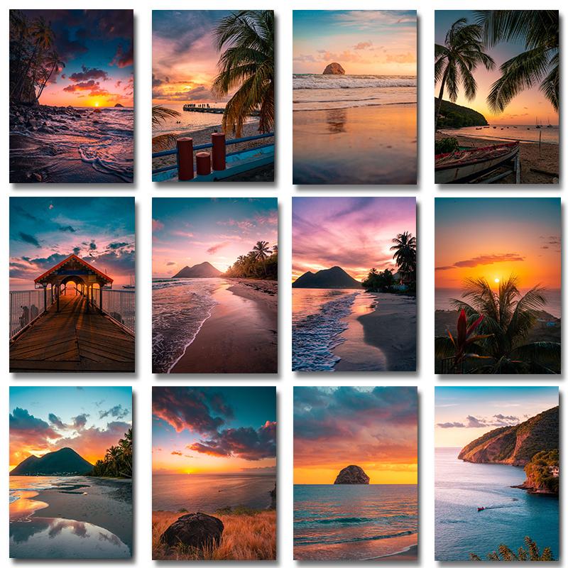 Caribbean Sunset Pink Sky Beach Sea Ocean Wave Canvas Wall Art Poster Bridge Palm  Print Painting Summer Home Decoration Gift