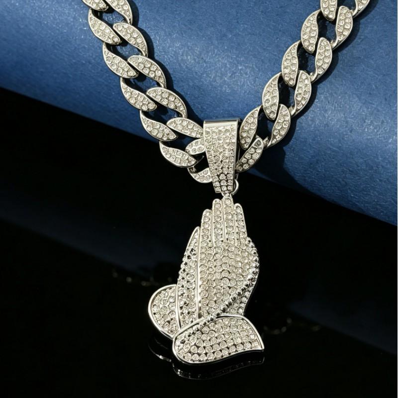 Hip Hop Alloy Full Rhinestone Prayer Hand Pendant Cuban Chain Necklace Men Women Trendy Streetwear Jewelry