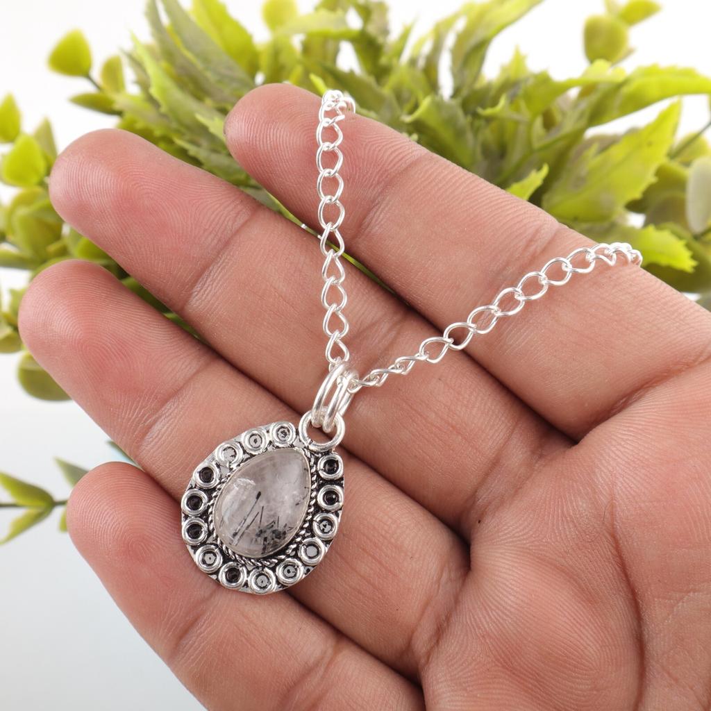 Pear Natural Black Rutile Sterling Silver Elegant Engagement Ethnic Boho Pendant PP-26-23