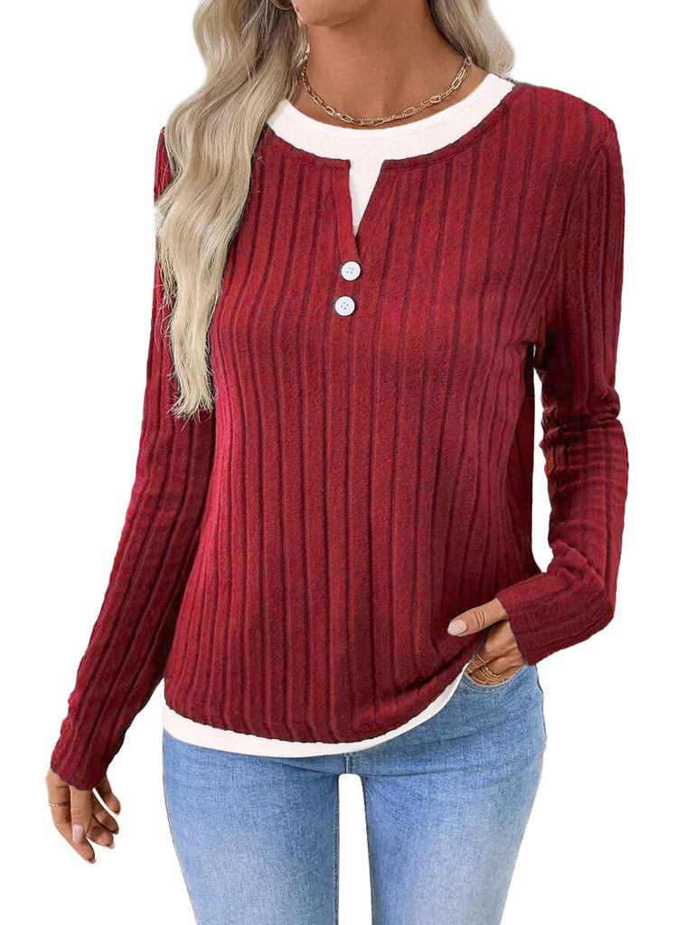 Autumn and Winter New Women's Fake Two-piece Crew Neck Button Pullover Polished Long-sleeved T-shirt
