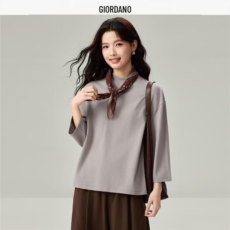 Giordano Women's 100% Cotton Mock Neck Three-Quarter Sleeve Pullover Sweatshirt