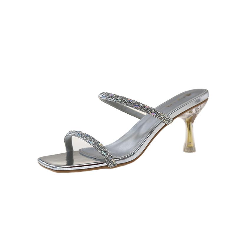 

B639-1 туфли-шлепанцы с квадратным носком, стразами и толстым каблуком, женские, новые 2025, для улицы, на высоком каблуке 39 серебряный