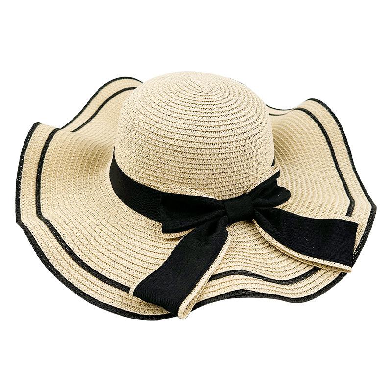 Korean Version of Xiaoxiang Feng Wave Straw Hat Outdoor Big Hat Blade Bow Sun Hat Women's Sunscreen Beach Hat