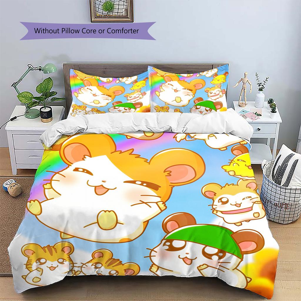 Hamtaro Muster Bettwäsche Bettdecke Set Heimdekoration Geschenk (1 Bettbezug + 2 Kissenbezüge (ohne Füllung))