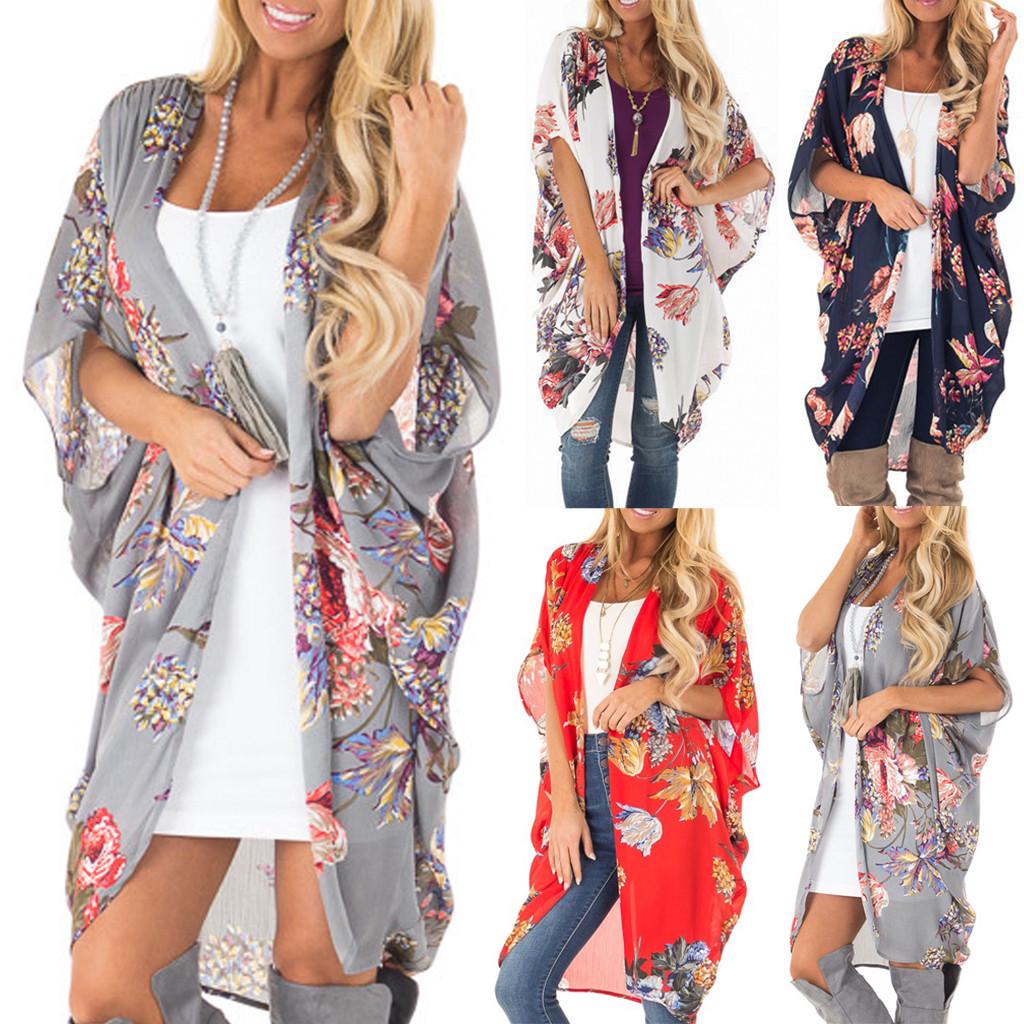 

Женский шифоновый пляжный кардиган со средним рукавом и принтом, легкая блузка, топы
