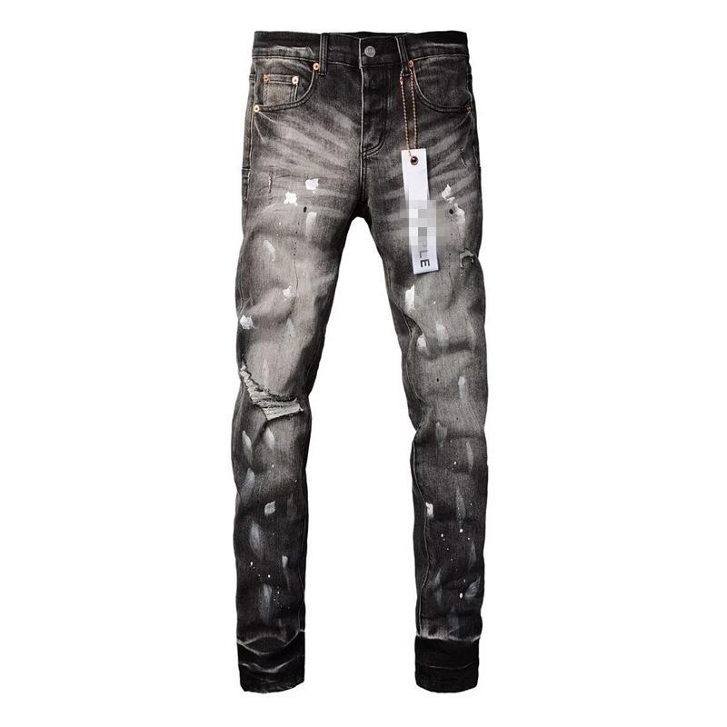 Blugi Bărbați PU Trendy Elastic Slim Fit Rupti cu Petice Negru și Alb Large gray