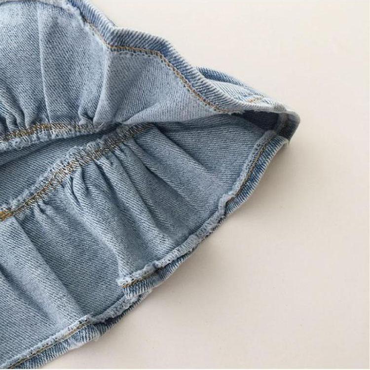 Kostym för flickor i jeanskjol Sommar, kort kjol för flickor Volanger höftkjol Mesh T-shirt+fishtailkjol Tvådelat set Mode