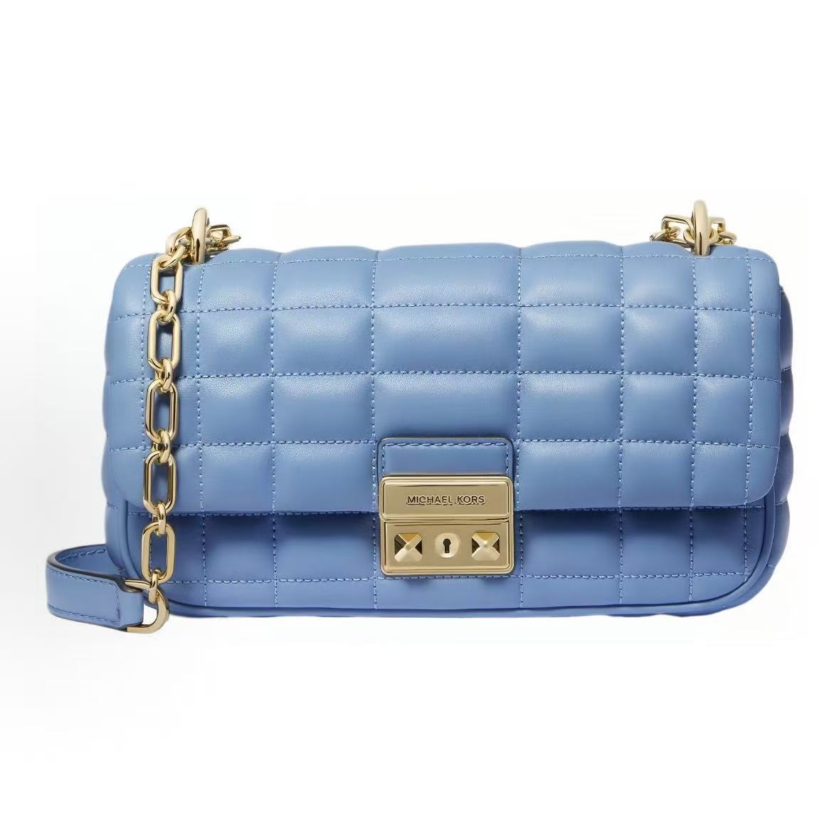 

Michael Kors MK Tribeca Plaid Striped Quilted Chain Solid Color Lambskin Pillow Bag Women Handbags Light-Blue 30R4G2RL5L-457 Basic Set (Bag+Dust Bag)