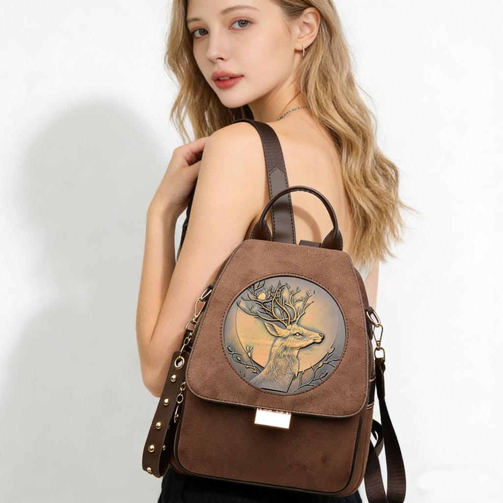Vintage Brown Suede Backpack with Deer Embossed Design - Convertible Shoulder Bag for Women, Fashion Travel & Daily Use