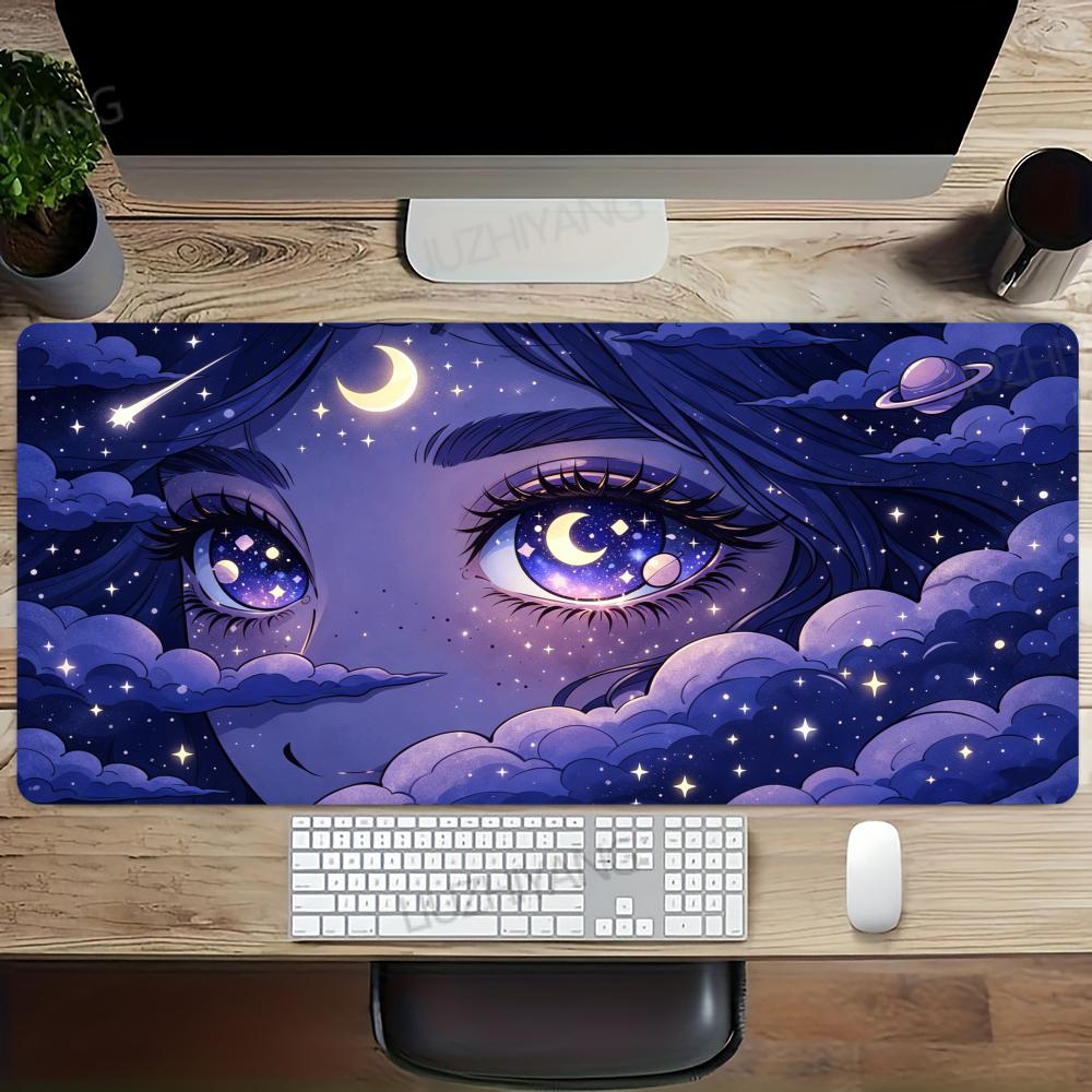 Dreamy Celestial Starry Anime Girl Mouse Pad Purple Night Moon Cloud Large Desk Mat Gaming Non-Slip Rubber Keyboard Decor Mat