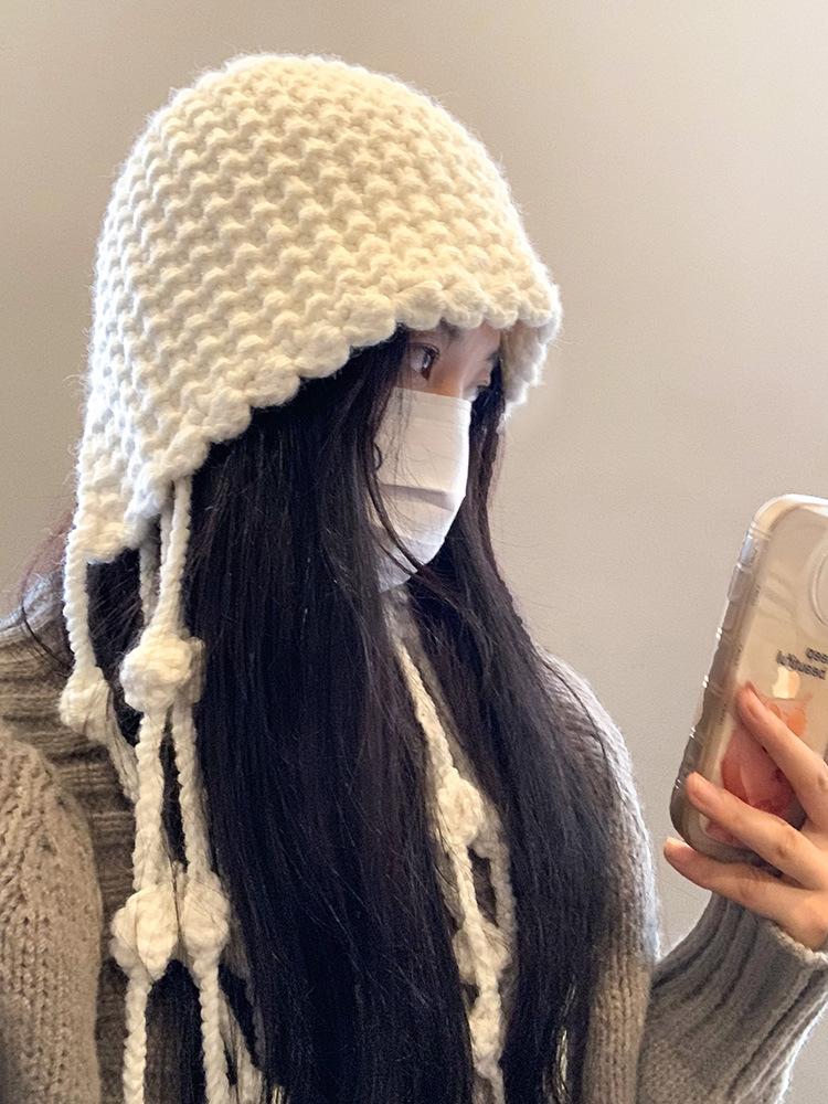 Handmade Fringed Ball Red Knitted Wool Hat Thermal Bald Hat Winter Ear Protector Tied Hat Trendy Hat Children