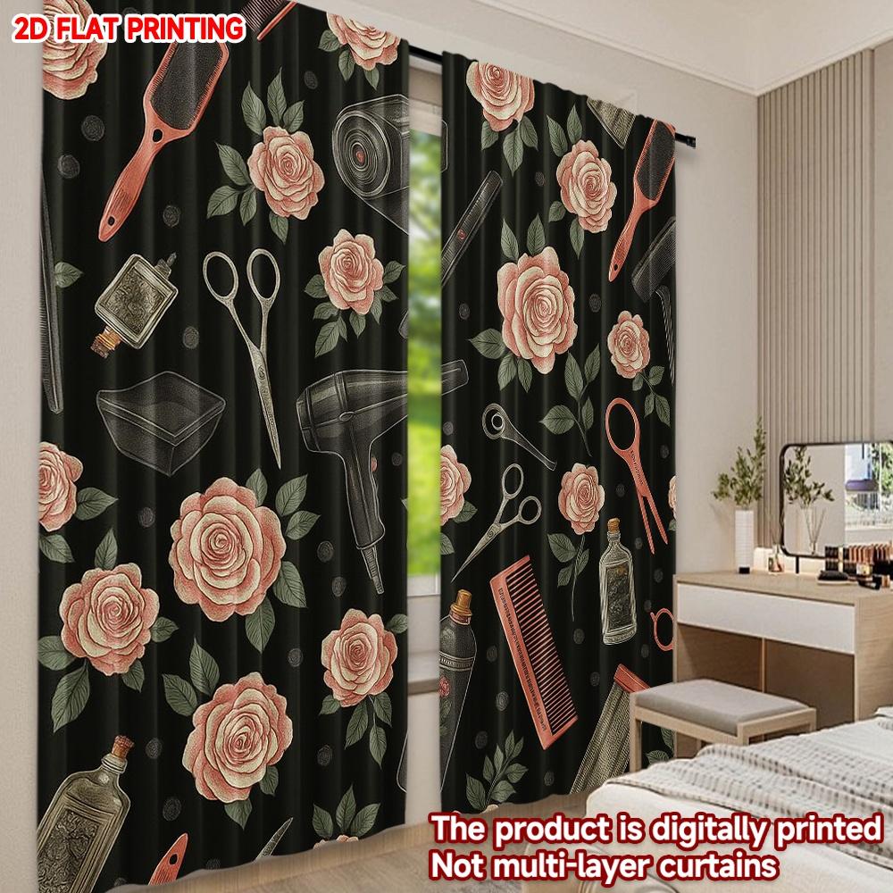 2D flat printing 2pcs Window Treatment Curtains Barber shop1 Digital Printed Polyester Drapes Festive Wall Decor Perfect for