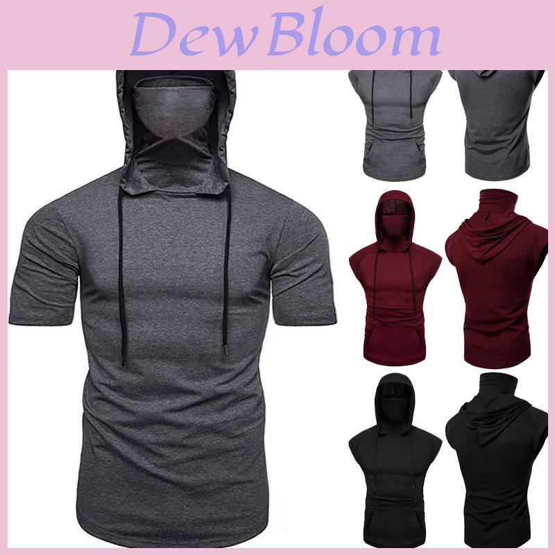 Stylish Men's Hooded Pullover T Shirt Tank Top With Protective Mask For Active Wear
