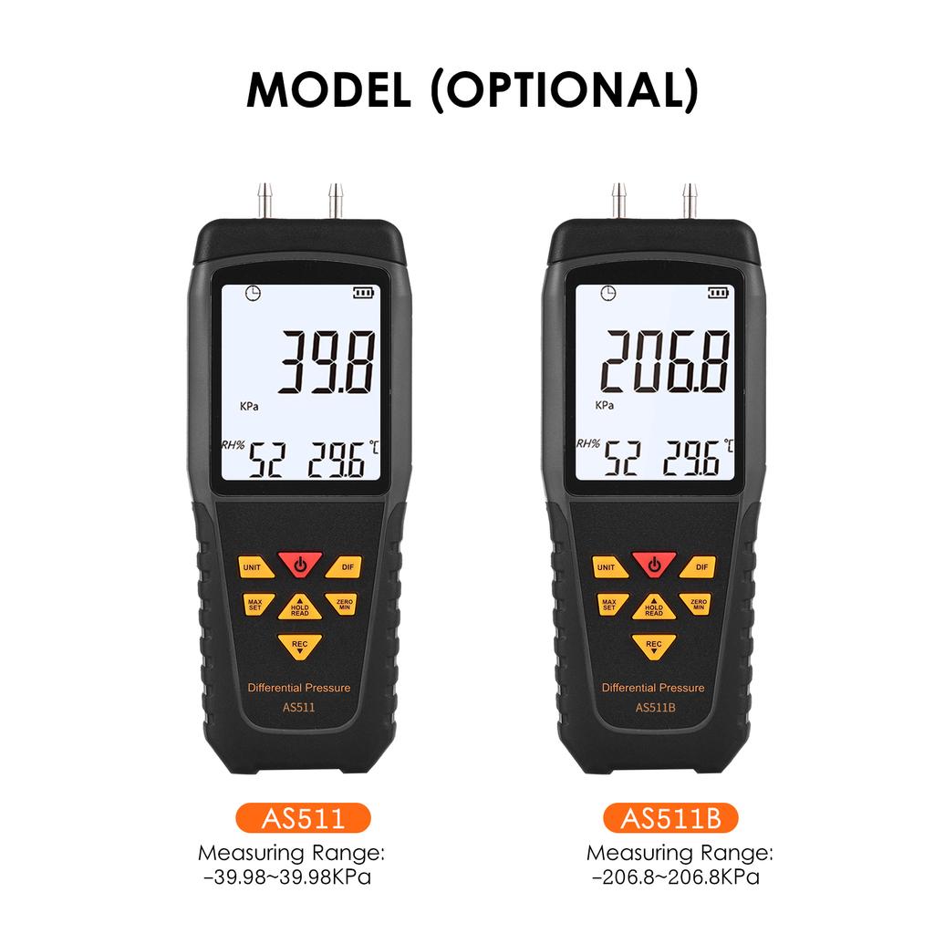 SMART SENSOR AS511B Digital Differential Pressure Gauge -206.8~206.8KPA Manometer Dual Port   Gas Pressure  with LCD Backlight Display Supports Temp