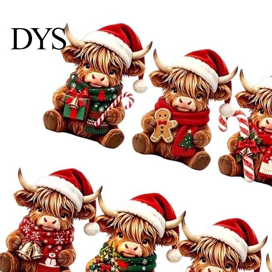 Healing Atmosphere Hanging Ornaments Highland Cow Christmas Ornament Set, 2D Flat Wooden Tree Accessories Decor with String, Holiday Party Decoration