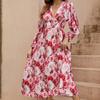 Real Shot European and American New Digital Direct Injection Sexy Deep V Waist Lantern Long Sleeve Dress Women