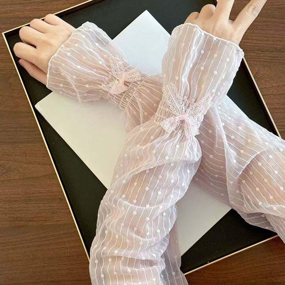 1 Pair French Retro Bowknot Lace Sun Protection Sleeves Breathable Lightweight Fabric Loose Fit Design Mesh Arm Covers