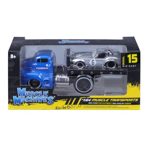Maisto 1/64 Scale Muscle Machines Muscle Transporter Diecast Model Car (1950 Ford COE Flatbed/1964 Shelby Cobra - Silver/Blue 11548)