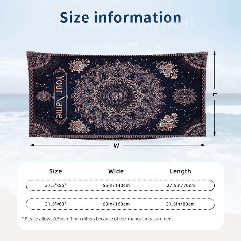 Starlit Mandala Theme Quick Dry Beach Towel Custom Name Text Print Large Sand Resistant Towel Beach Vacation