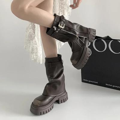 Hiver Femmes Bottes de Biker Boucle de Ceinture Dames Élégantes Bottines à Plateforme Tube Long Décontractées Bottines Hautes au Genou pour Femmes 2024