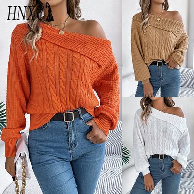 Autumn and Winter Casual and Sexy Lapel Off-the-shoulder Brined Long-sleeved Pullover Sweater for Women