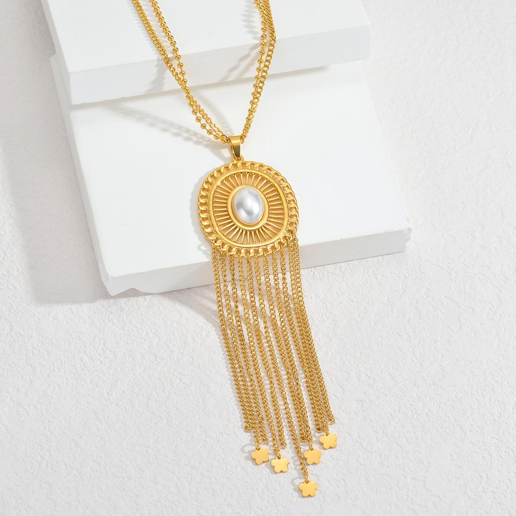 Atoztide Bohemian Pendant Necklace for Women Stainless Steel Trendy Imitation Pearl Tassel Sweater Chain Christmas Jewelry Gift