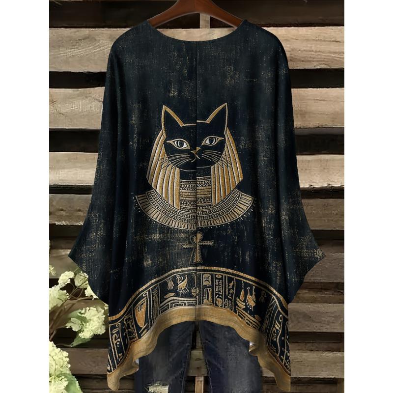 Fashion New Arrival Plus Size Bastet Egyptian Cat Goddess Print Women's Top Elegant Casual Style Round Neck Long Sleeve T-Shirt