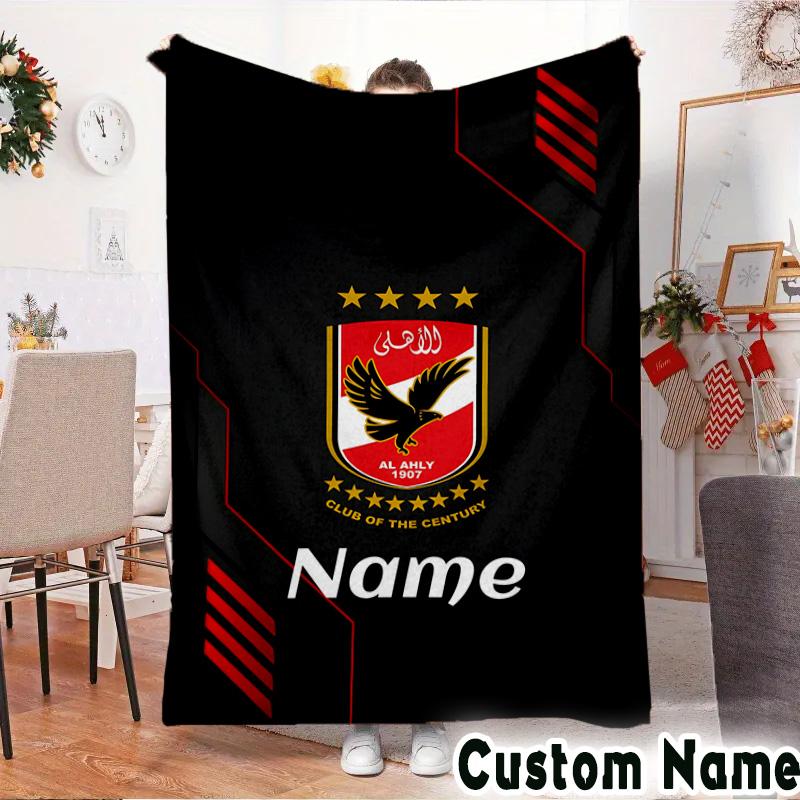 Custom Name Al-Ahly Club Crest Throws Blanket Flannel Blankets for Couch Bed Gifts for Men Women Picnic blanket Christmas fan gifts