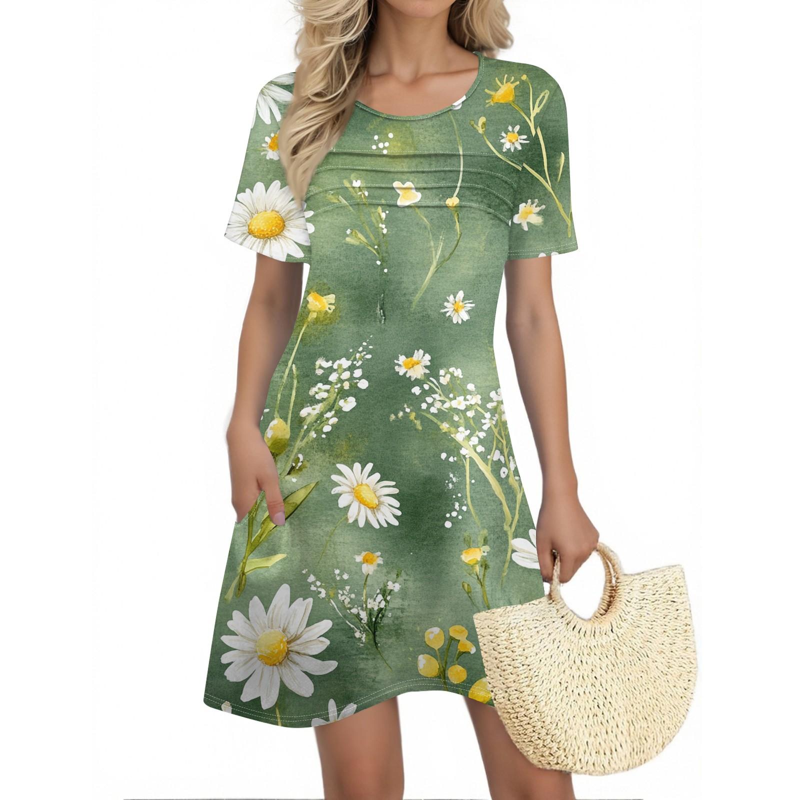 Women s Summer Dresses Women s Summer Floral Print Dresses Short Sleeve Round Tie Pocket Casual Dresses S