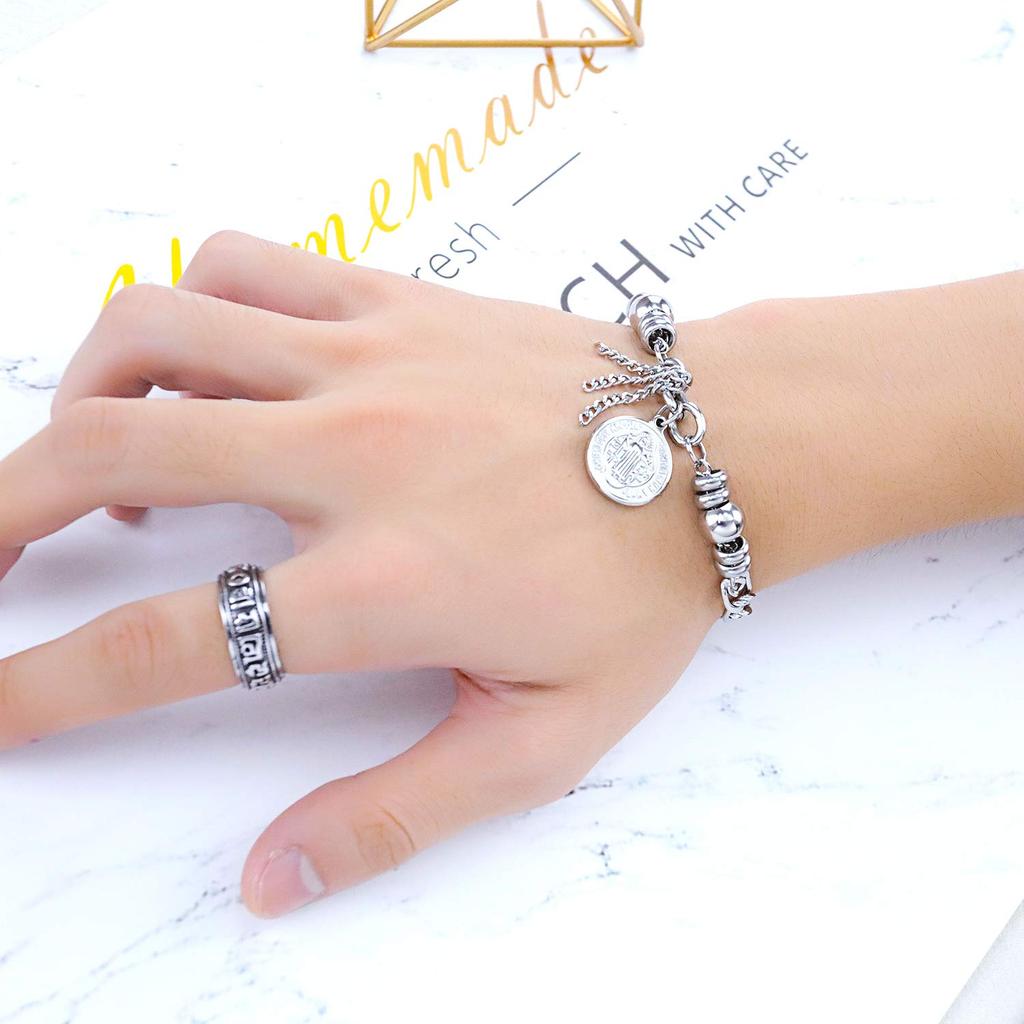 AIKS Curb Chain Popular Stainless Dangle Religious Adjustable Good Protection from Western Style Women's Bracelet, Brand, Silver, Steel, Bell, Chain,