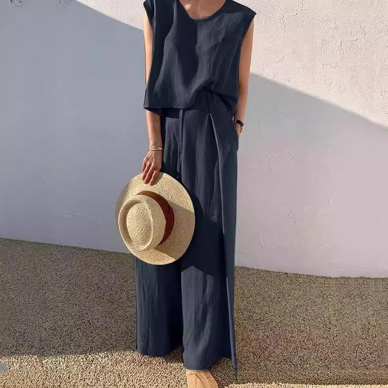 Spring/Summer 2023 Cotton Linen Casual Two-Piece Set: Sleeveless Top & Wide-Leg Pants for Women