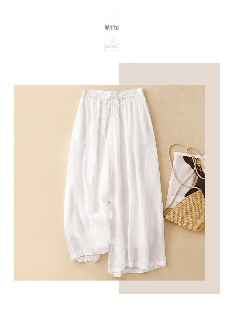 Women's Casual Wide-Leg Elastic Waist Pants - Cotton Linen Double Layer 