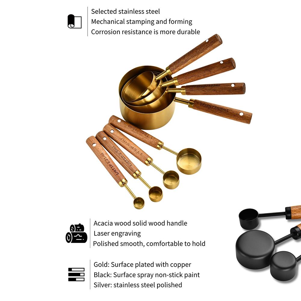 1/4 Pezzi Manico in Legno Acciaio Inossidabile Misurini Cucchiai Strumenti per la Cottura Set Cucchiaio Misurino per Caffè Accessori Scala da Barman
