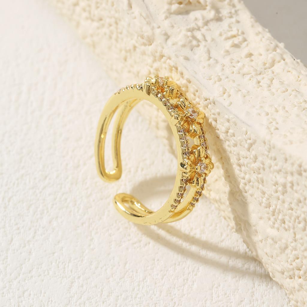 Golden Plated Double-Band Open Adjustable Floral Ring with Synthetic Zircon for Women Elegant Statement Jewelry Gift