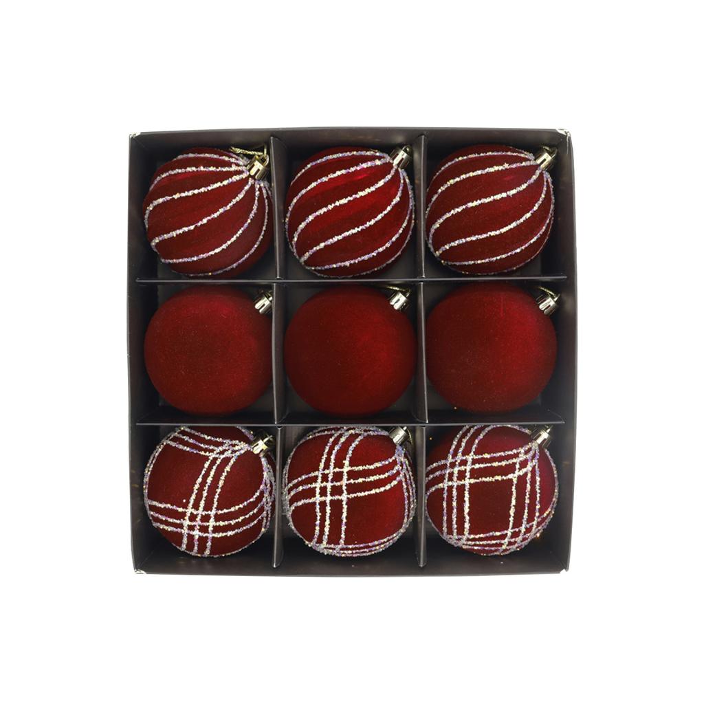 9-Pack Diamond Flocking Christmas Balls - Mixed Color Glitter Ornaments With For Holiday Tree Decor