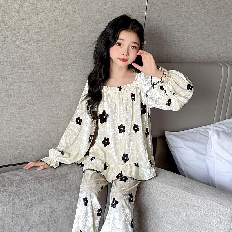 Czarny Piżamowy Zestaw z Złotego Weluru w Kwiaty dla Dziewczynek - Nowość Wiosna/Jesień 2025