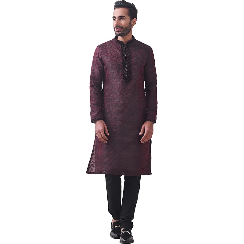Manyavar Maroon Art Silk Full Sleeve Kurta Set | Traditional Kurta Set For Men (XL)